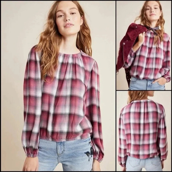 Cloth & Stone Anthropologie Glacier Plaid Elastic Cuff Blouse Raspberry Pink M - Picture 1 of 12